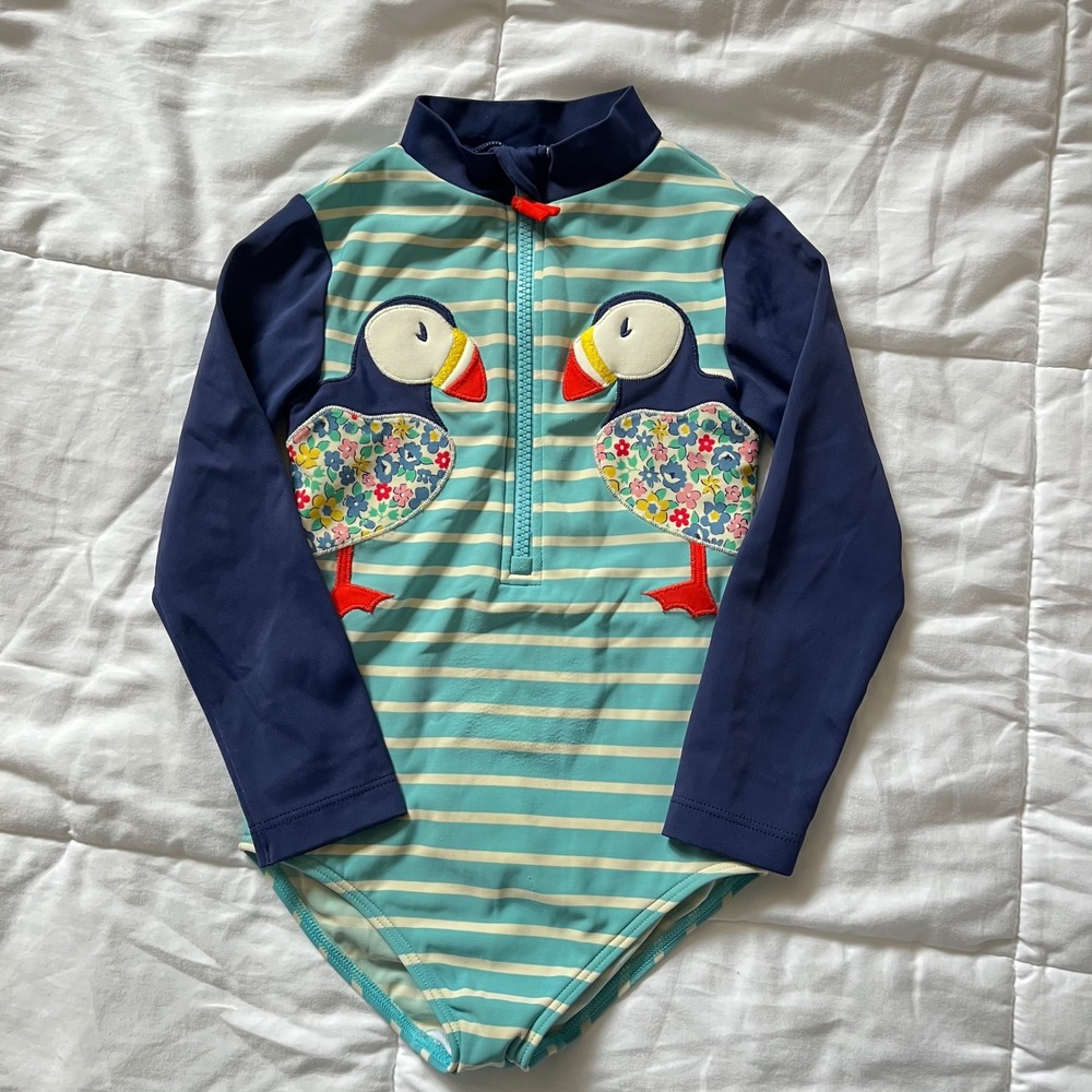 Mini Boden Girls' One-Piece Swimsuit in Aqua Stripe with Navy Puffins